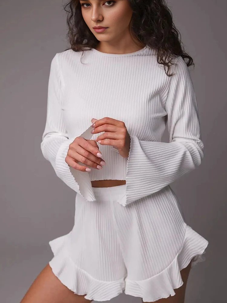 Hiloc Fashion White Knitted Pajama Sets Women Casual O-Neck Flare Sleeve Tops Sleepwear Summer Ribbed Ruched Shorts Home Suits