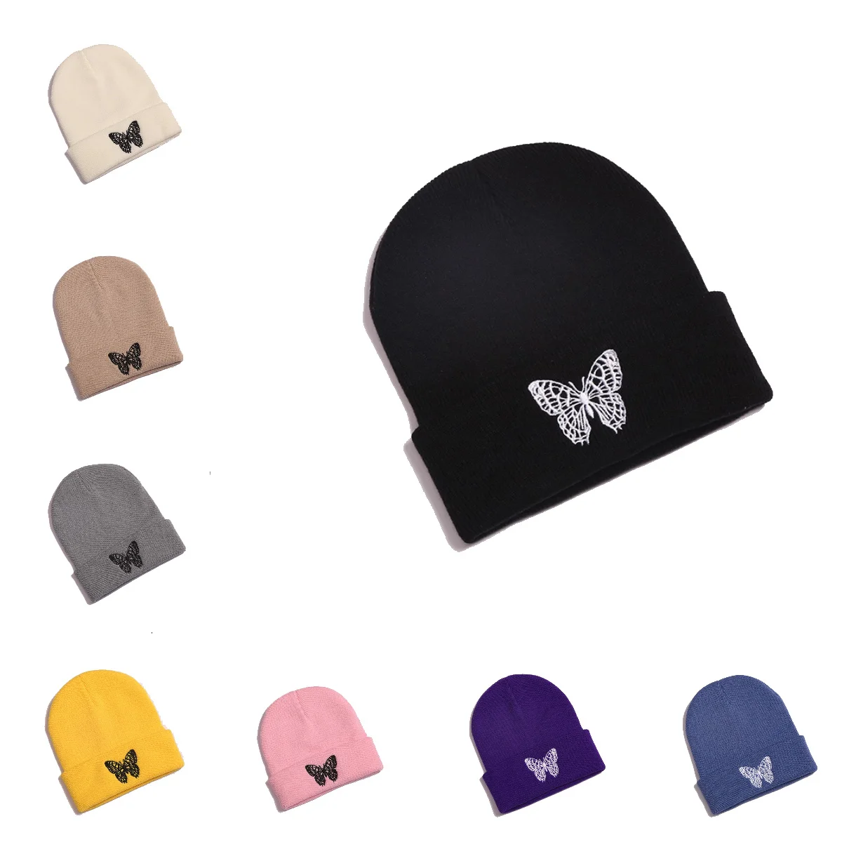 

Solid Color Butterfly Embroidery Woolen Hat Autumn Winter Warm Versatile Knitted Hat Unisex Outdoor Street Trend Brimless Hat