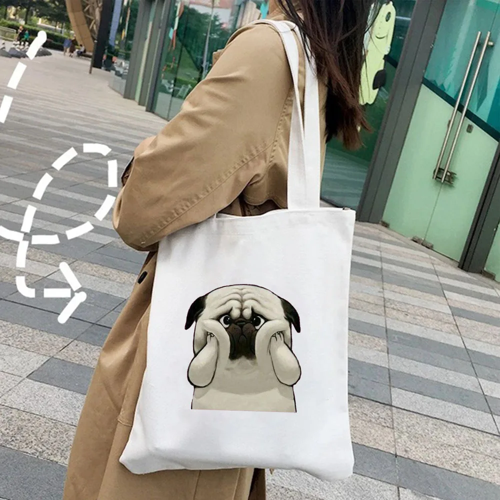 Adorável spoof bonito filhote de cachorro pug cão kawaii animal feminino bolsa de ombro lona harajuku shopper moda casual verão tote shopper sacos