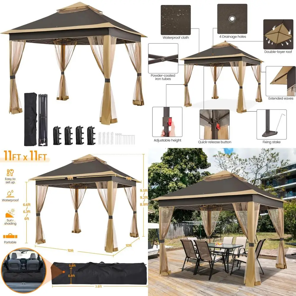 

Instant Outdoor Patio Gazebo with 11x11 Canopy, 2-tier Roof, and 4 Sandbags for Sun Shade Shelter