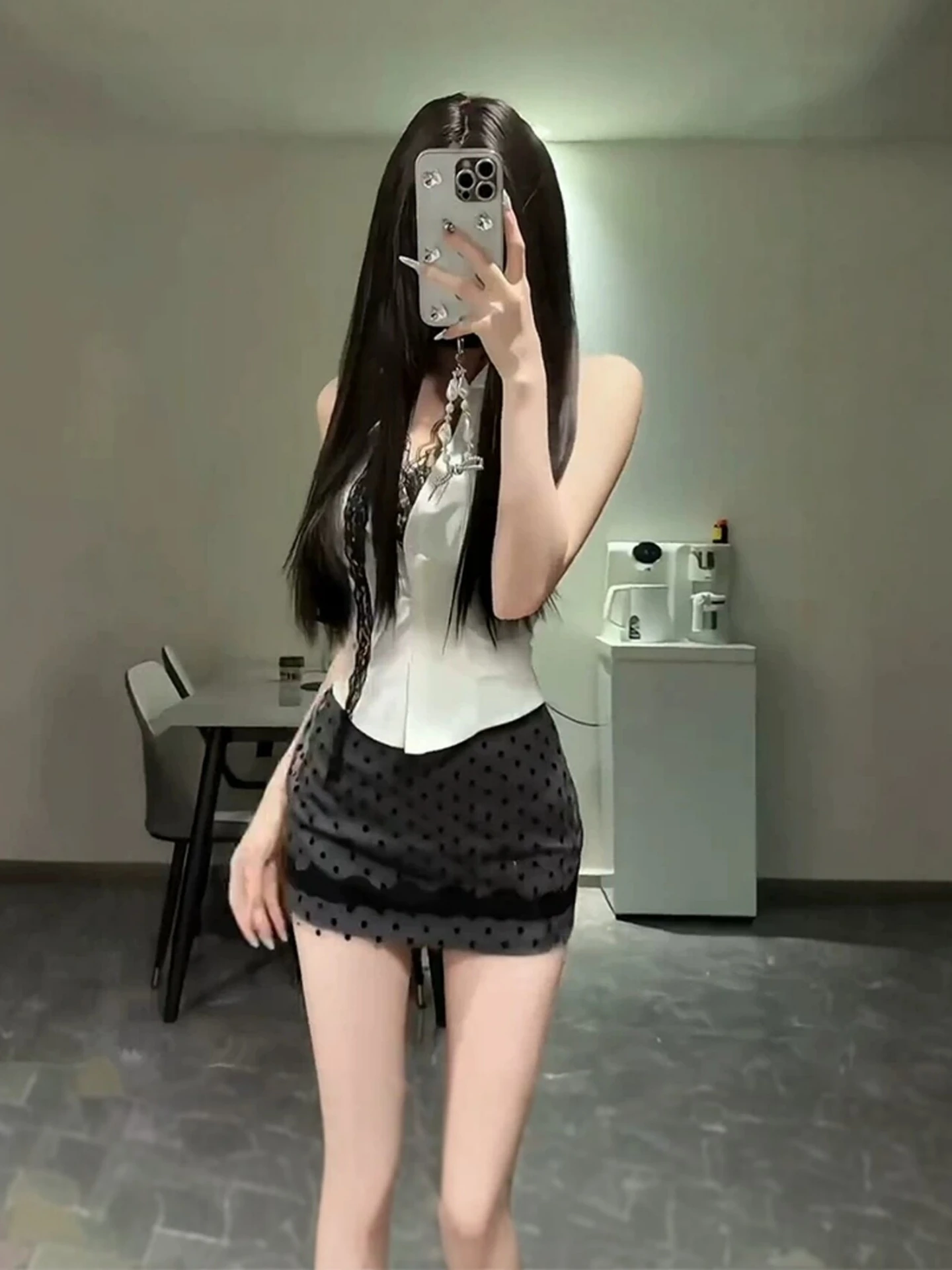 

Sexy Lace Splice V-neck Hanging Neck Shirt Top Polka Dot Half-length Skirt Two-piece Set Women Summer Fashionable Ensemble