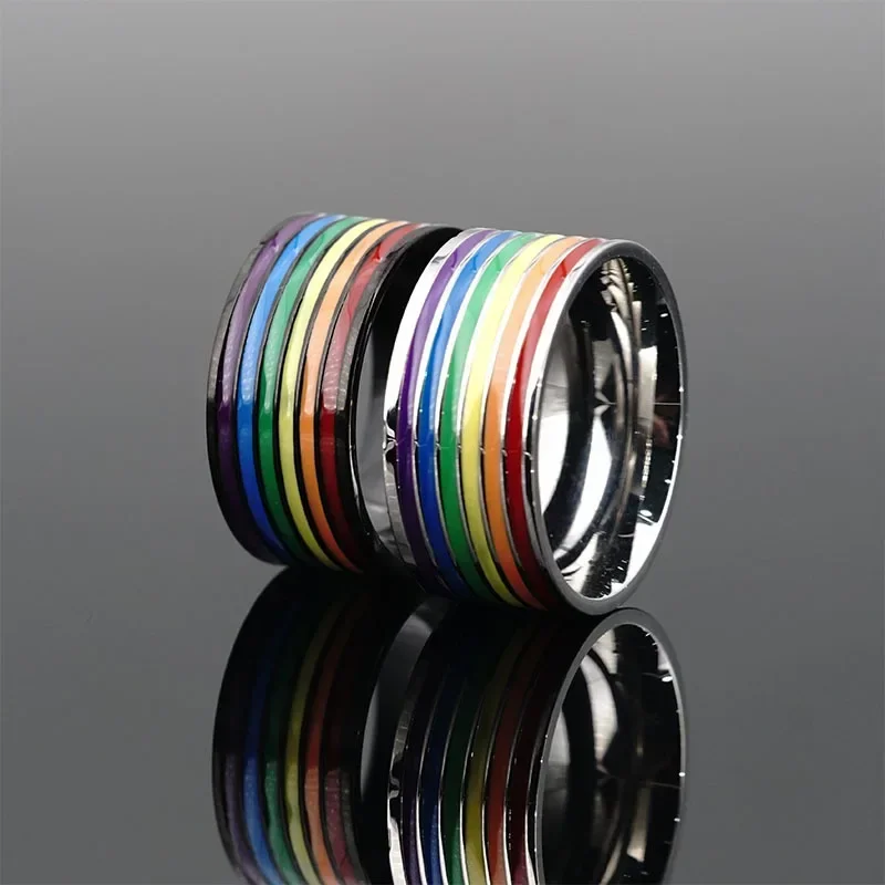 

Fashion Multicolor Rainbow Oil Drop Ring Tidal Stainless Steel Men's Personality Ring Jewelry Size 7-12