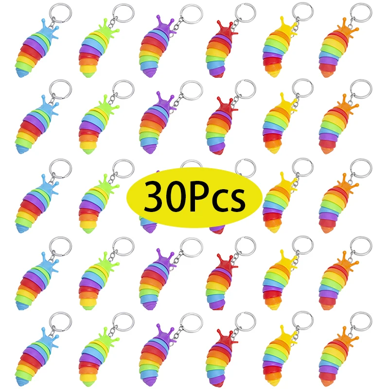 

30Pcs Mini Finger Slug Snail Caterpillar Keychain Relief Stress Anti-Anxiety Squeeze Sensory Toy Party Gift Keychain Kids