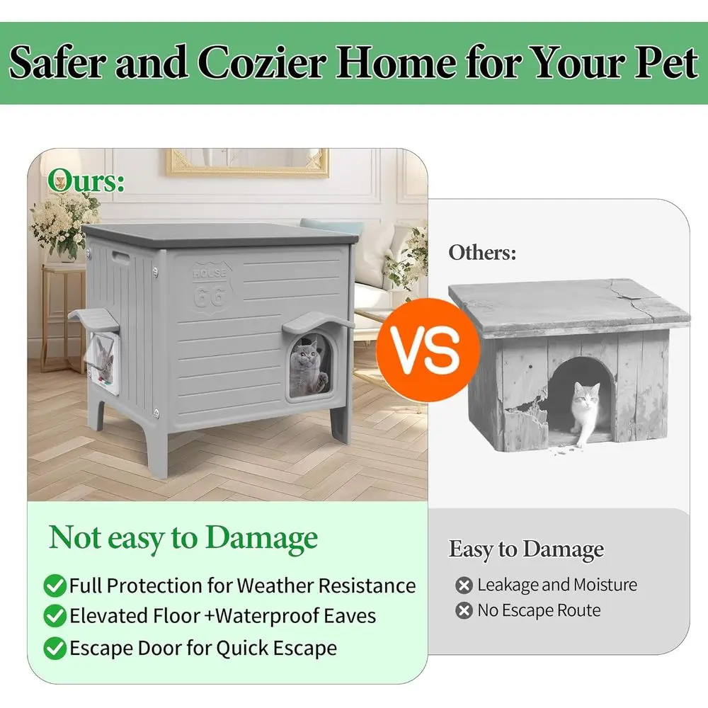 بيت قطط بلاستيكي مقاوم للماء في الهواء الطلق مع باب هروب للاستخدام الداخلي والخارجي، مناسب للقطط الحديدية والحيوانات الأليفة والحيوانات الصغيرة