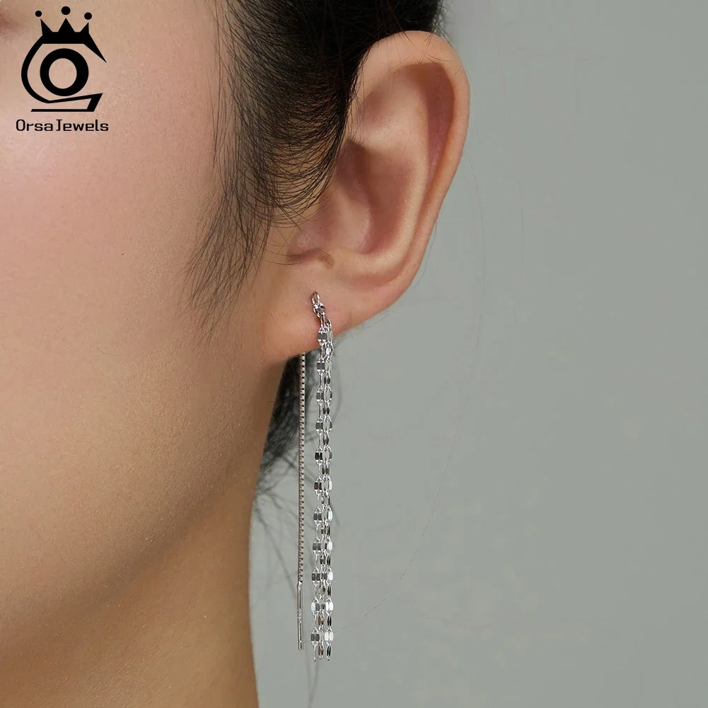 

ORSA JEWELS Elegance 925 Silver Long Chain Tassel Earring for Women Sparkling Minimalist Jewelry Date Eardrop Gift APE153