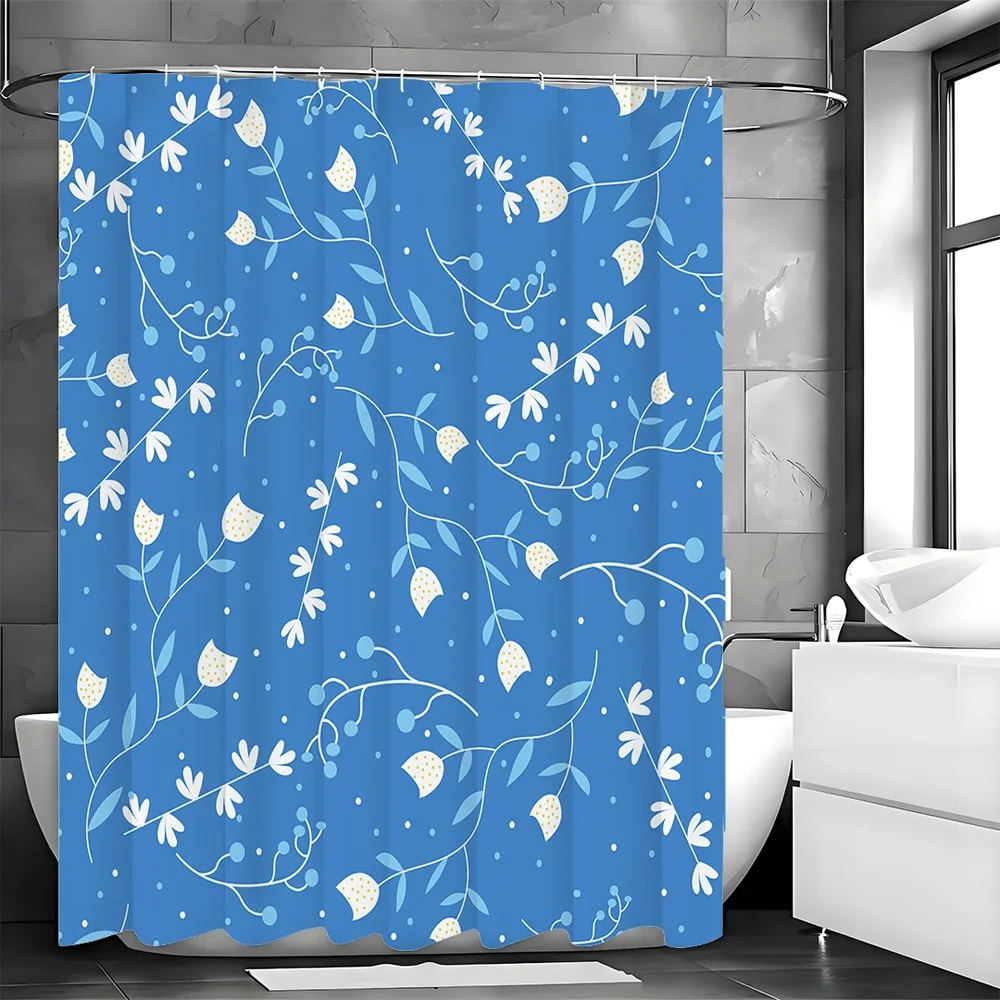 

Classical White Flower Ink Blue Shower Curtain, Bathroom Decorative Shower Curtain, Waterproof Shower Curtain with Hooks