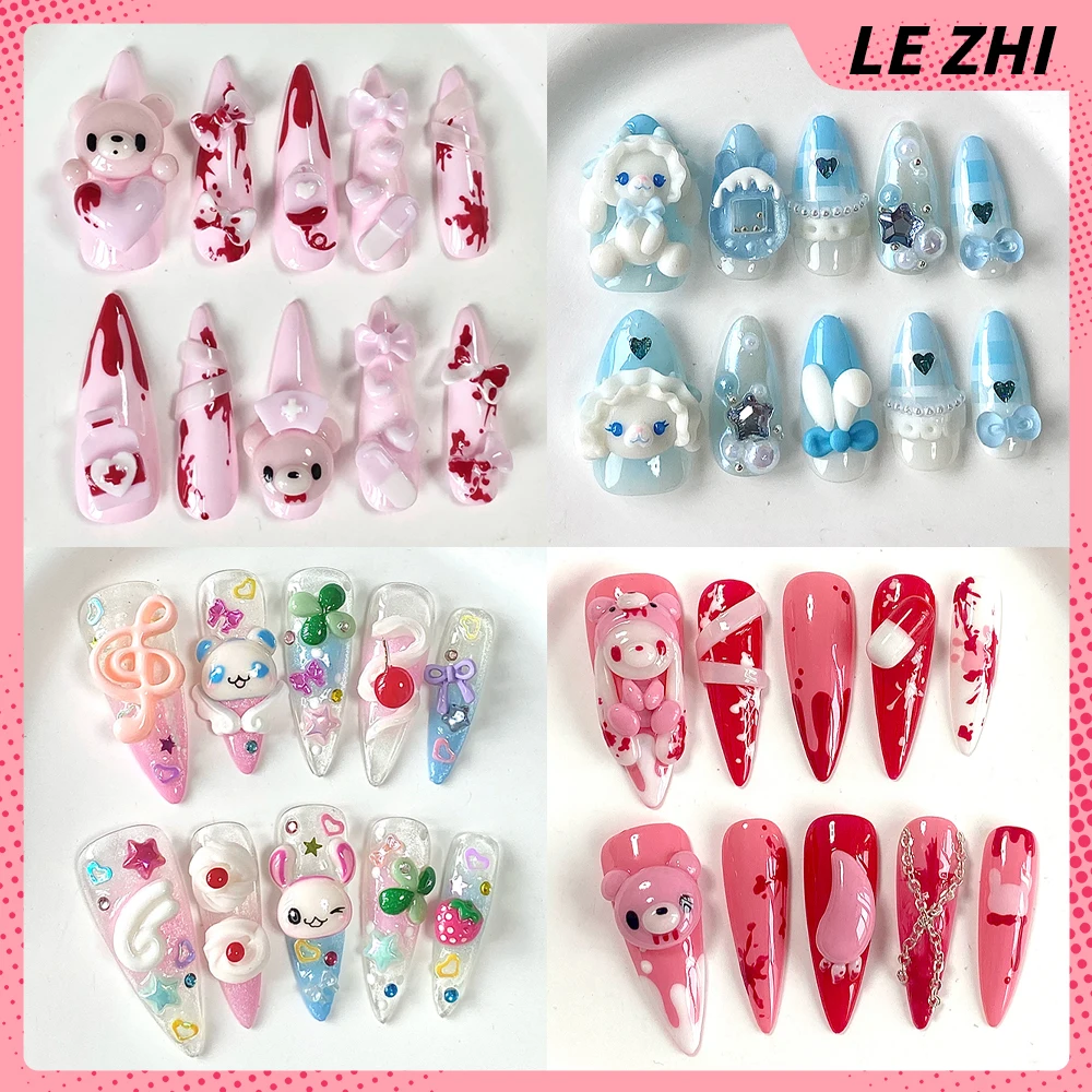Kawaii Süße Lange Mandel 3D Puppen Kaninchen Panda Katze Bär Aufklebbare Nagelkunst-Sticker Süße Prinzessin Lolita Stil Tier-Maniküre