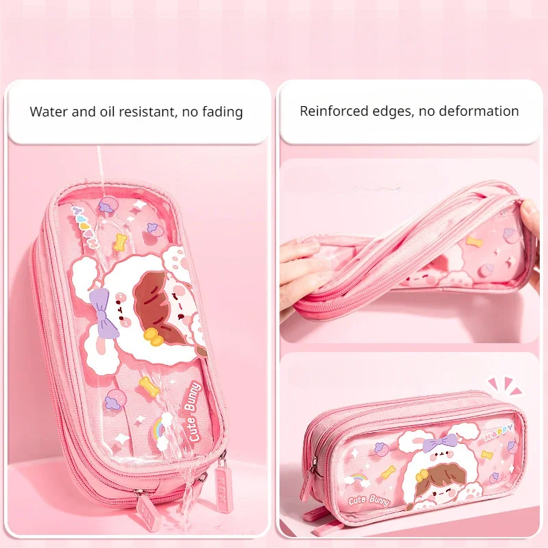 Three-layer Large-capacity Transparent Pencil Case Cute Print Wear-resistant Waterproof Pupil Stationery Storage Box