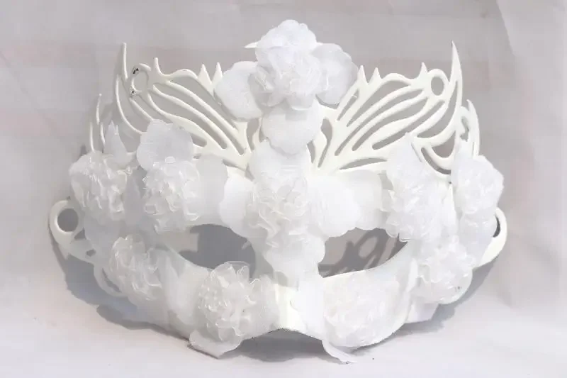 マスク仮面舞踏会プリンセスマスク男性女性フェザーフラワーレースフルホワイトゴールドダストマスク