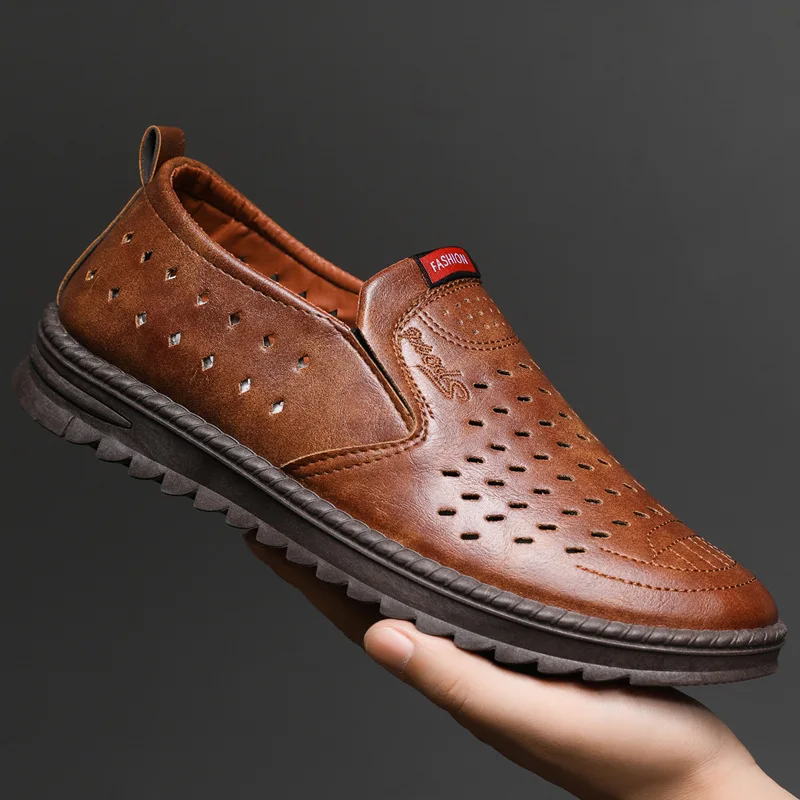 

Мужские туфли из перфорированной кожи с низким берцем, летние дышащие туфли из мягкой кожи в деловом стиле без шнуровки