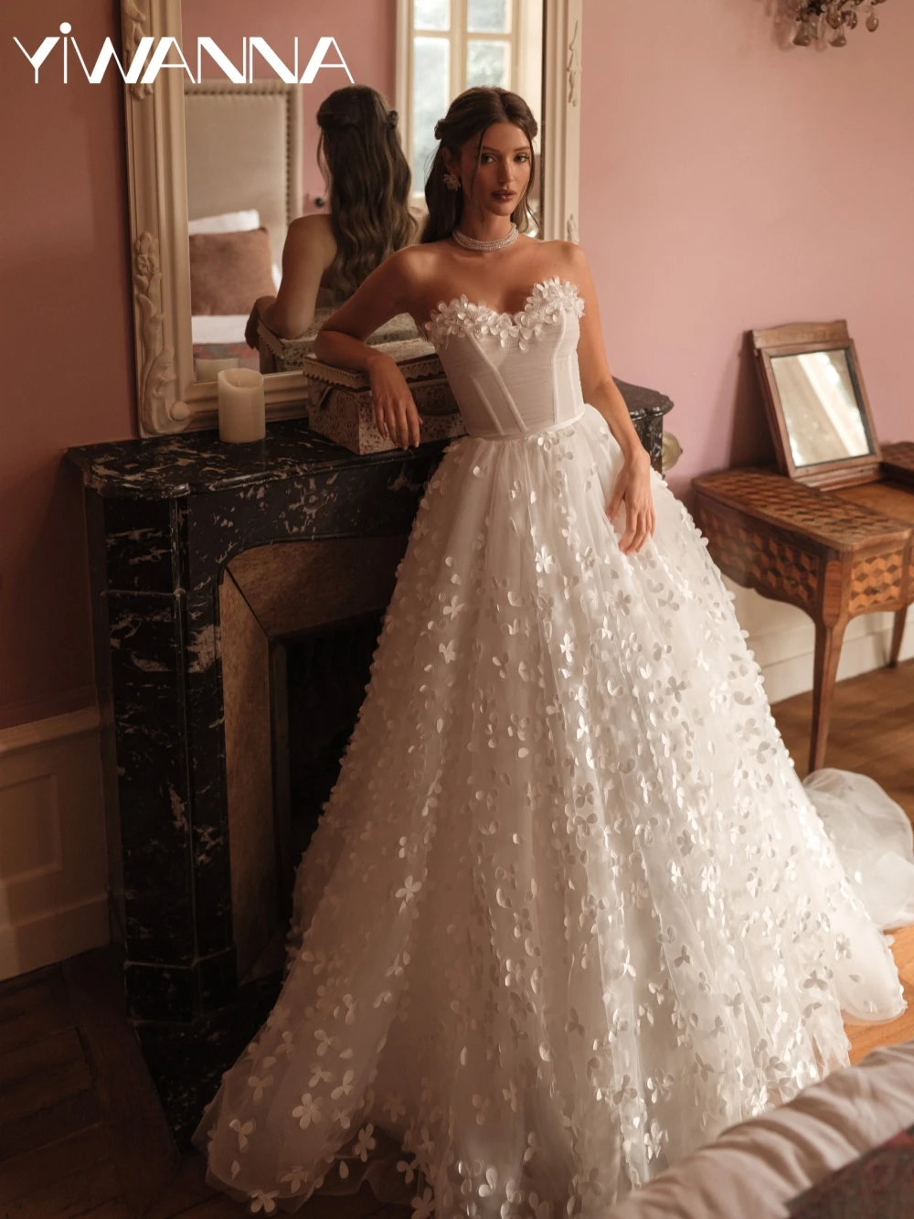 

Charming Pearls 3D Flower A-line Long Wedding Dress Romantic Sweetheart Neck Bridal Gown Customized Graceful Dresses For Bride