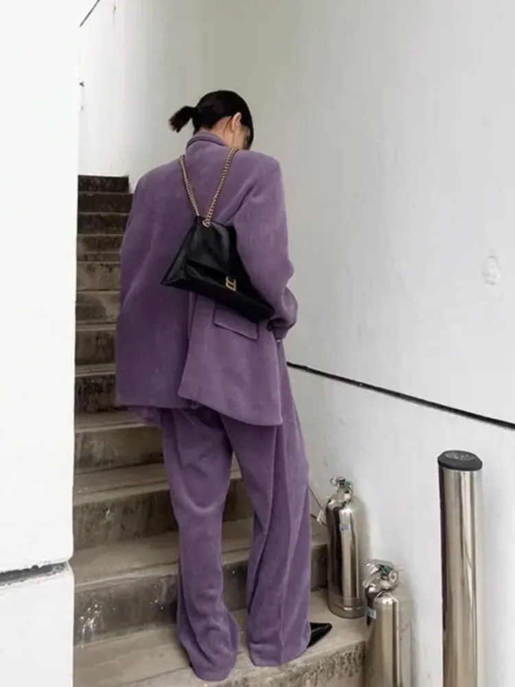 سيدات الأعمال السراويل الدعاوى خمر الشارع سروال قصير عادية مزدوجة الصدر السترة عالية الخصر بنطال ذو قصة أرجل واسعة 2 قطعة تأليف