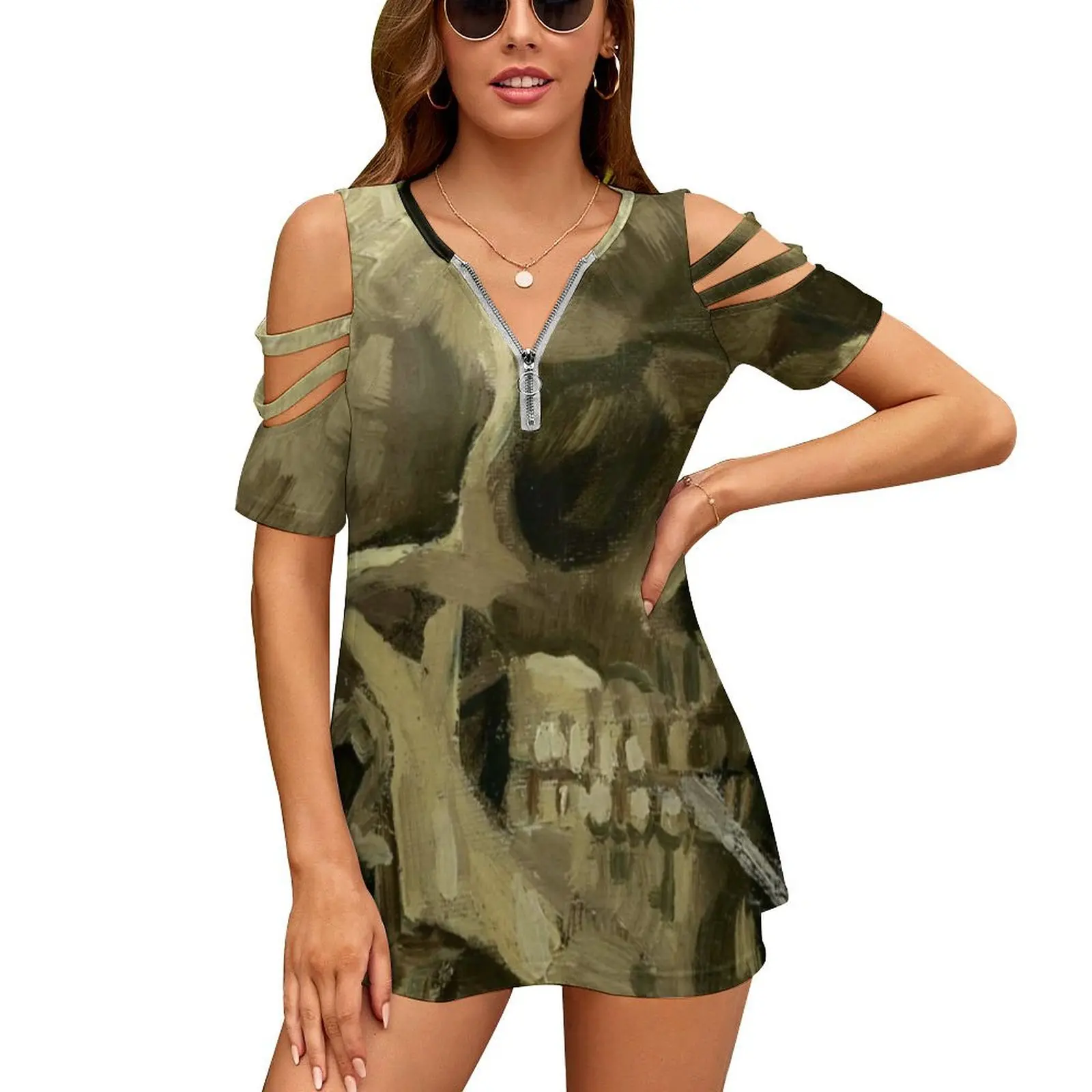 

Skull Of A Skeleton With Burning Cigarette By Vincent Van New Fashion Zip Off Shoulder Top Short-Sleeve Women Shirt Skull