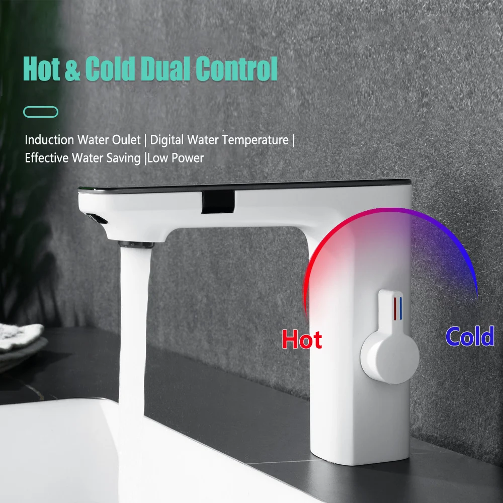 Touchless Bath Basin Faucet Smart LED Digital Water Temperature Dual Sensor Bathroom Sink Faucets Hot&Cold Washbasin Mixer Taps