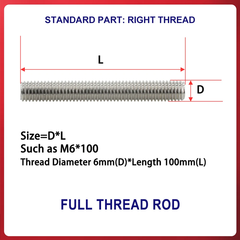 Length 20mm 50mm 100mm 200mm 500mm 304 Stainless Steel Full Threaded Bar Fully Metric Thread Rod Screw M3 M4 M5 M6 Bolt Stud