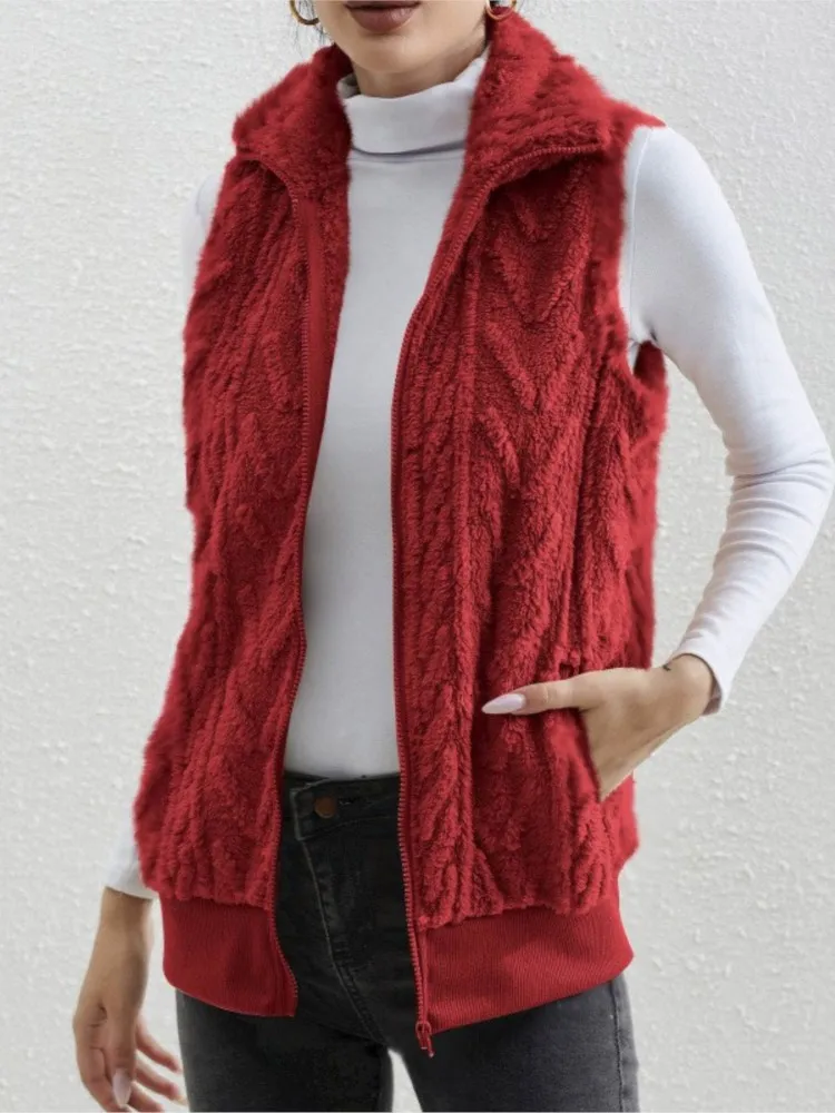 Fashion Plush Cardigan Vest For Women Casual Zipper Lapel Pocket Solid Color Warm Women\'s Vest Coat Female Streetwear 2025