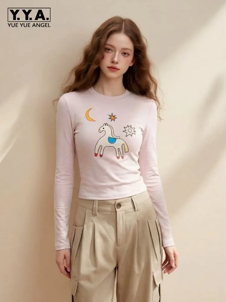 Spring Women Pink Sweet Cute Slim Fit T-shirts Long Sleeved Fashion Pony Pattern Tops Round Neck Embroidery T-shirt Hot Sale