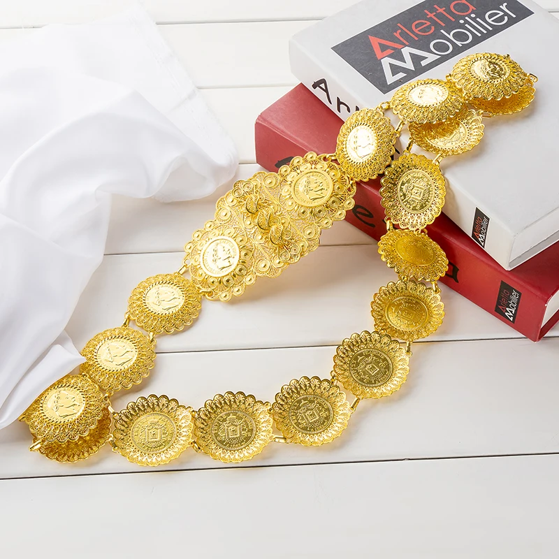 

Vintage Golden Coin Carved Waist Belt Portrait Pattern Design Perfect For Middle Eastern Ethnic Dresses & Weddings