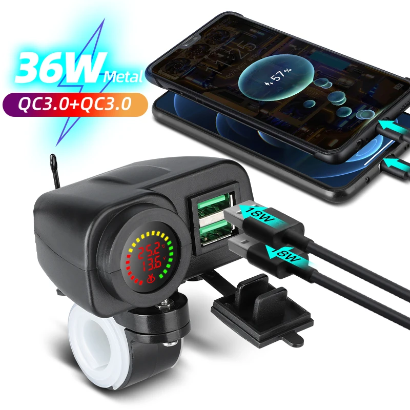 36W 12-24V QC3.0 Dual Port 6A Fast Charger Motorcycle Usb Motor Accessory with Voltmeter ON/Off Switch & Temperature Display