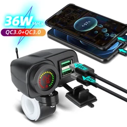 Cargador rápido para motocicleta, accesorio de Motor Usb con voltímetro, interruptor de encendido/apagado y pantalla de temperatura, 36W, 12-24V, QC3.0, puerto Dual, 6A