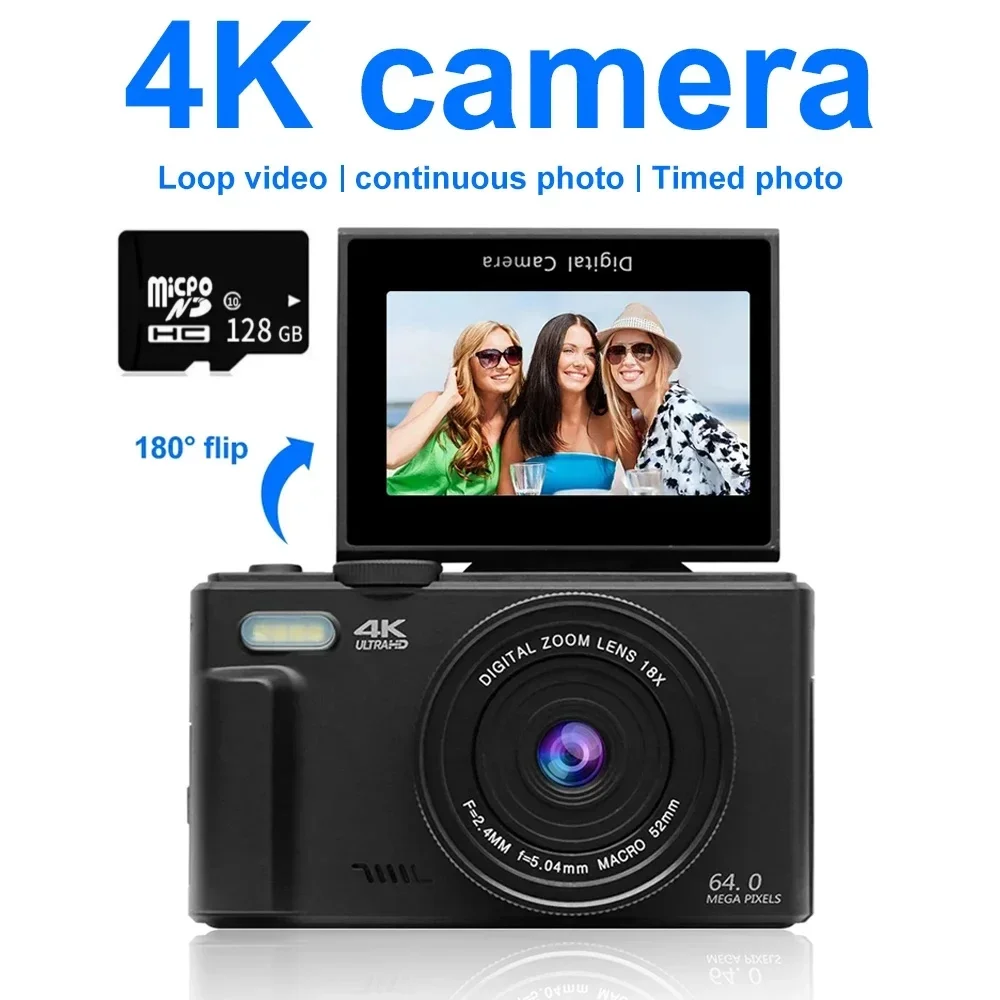 

4K Digital Camera for Photography and 18X Digital Zoom Camera 48MP Compact Vlogging Camera 3'' 180° Flip Screen with Flash