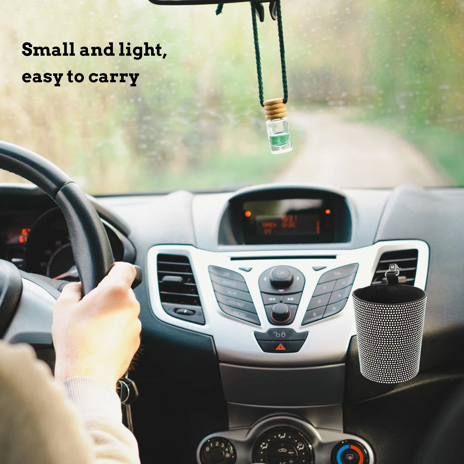 

Car Trash Can Bin Garbage Holder Storage Bucket Polyester Crystal Design Multi Functional Practical Auto Parts Key License