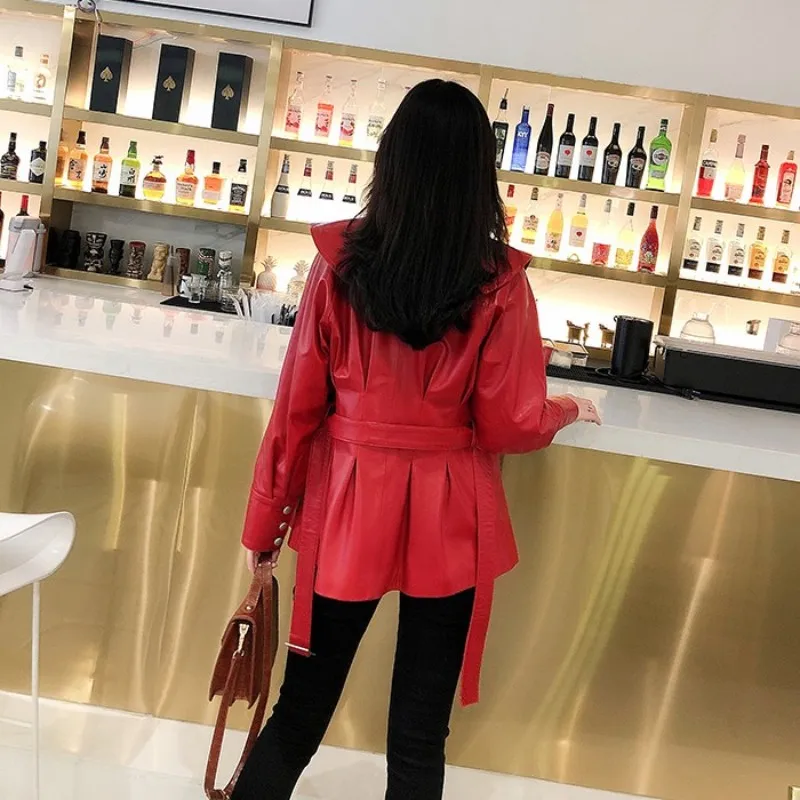 2023Designer 100% Genuine Leather Jacket Women Autumn Slim Sweet Sheepskin Windbreakers Streetwear Red Office Lady Sashes Coat