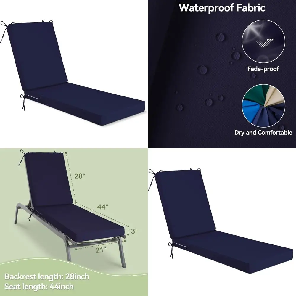 

Outdoor Chaise Lounge Cushion, 72x21x3 Waterproof & Comfortable, Navy Blue Patio Furniture Cover with Ties for Lawn, Pool, Beach