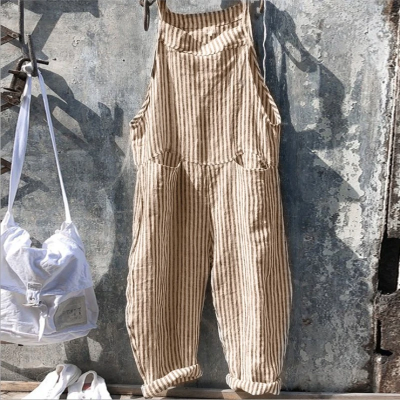 High Quality 2023 Spring Autumn Casual Women\'s Fashion Cotton Overalls Bohemian Stripe Casual Overalls