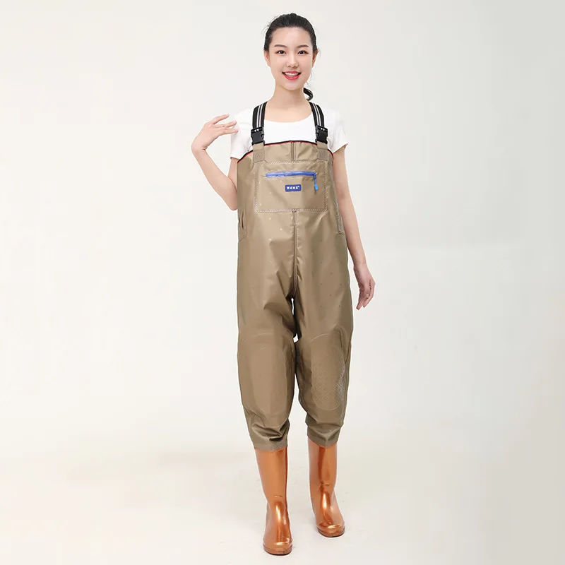 thickened-waterproof-fishing-pants-half-body-overalls-rain-boots-fishing-gear-women's-style-versatile-seasonal-pvc-material