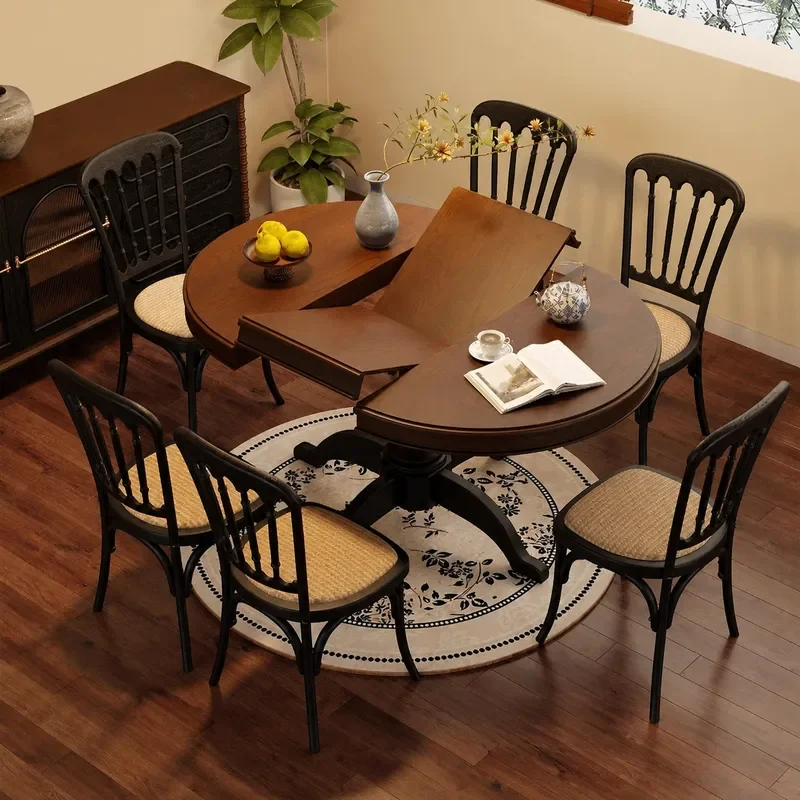 French Style Antique Retro Solid Wood Retractable Dining Table Variable Round Table for Small Apartment Living Room Household