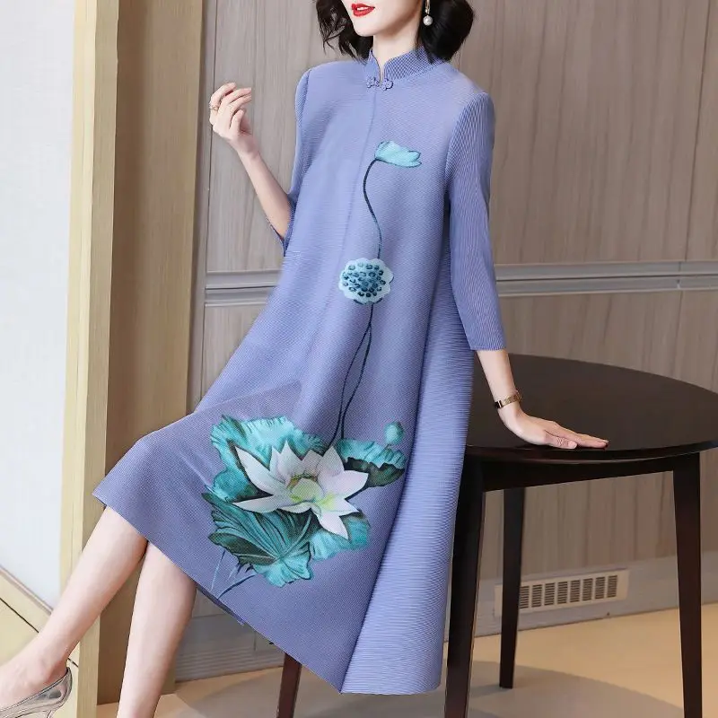 

Pleated Spring 2024 New Cheongsam Style China-Chic Women's Button Medium length Dress Large Loose Print