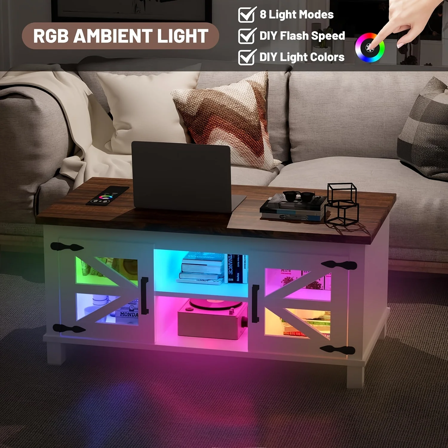 Lift Top Coffee Table with RGB Lights, Farmhouse Coffee Table with Charging Station, Dining Table with Large Hidden Storage