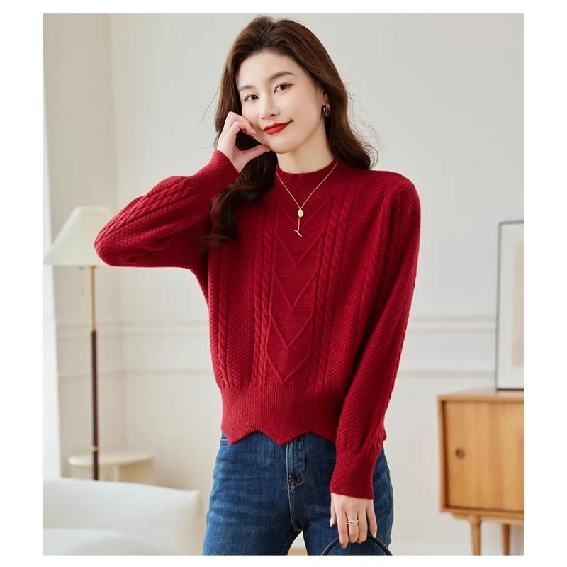 

Fashionable Short Red Sweater for Women New Autumn and Winter Wavy Hem Half Turtleneck Base Shirt Knitted Inner Wear