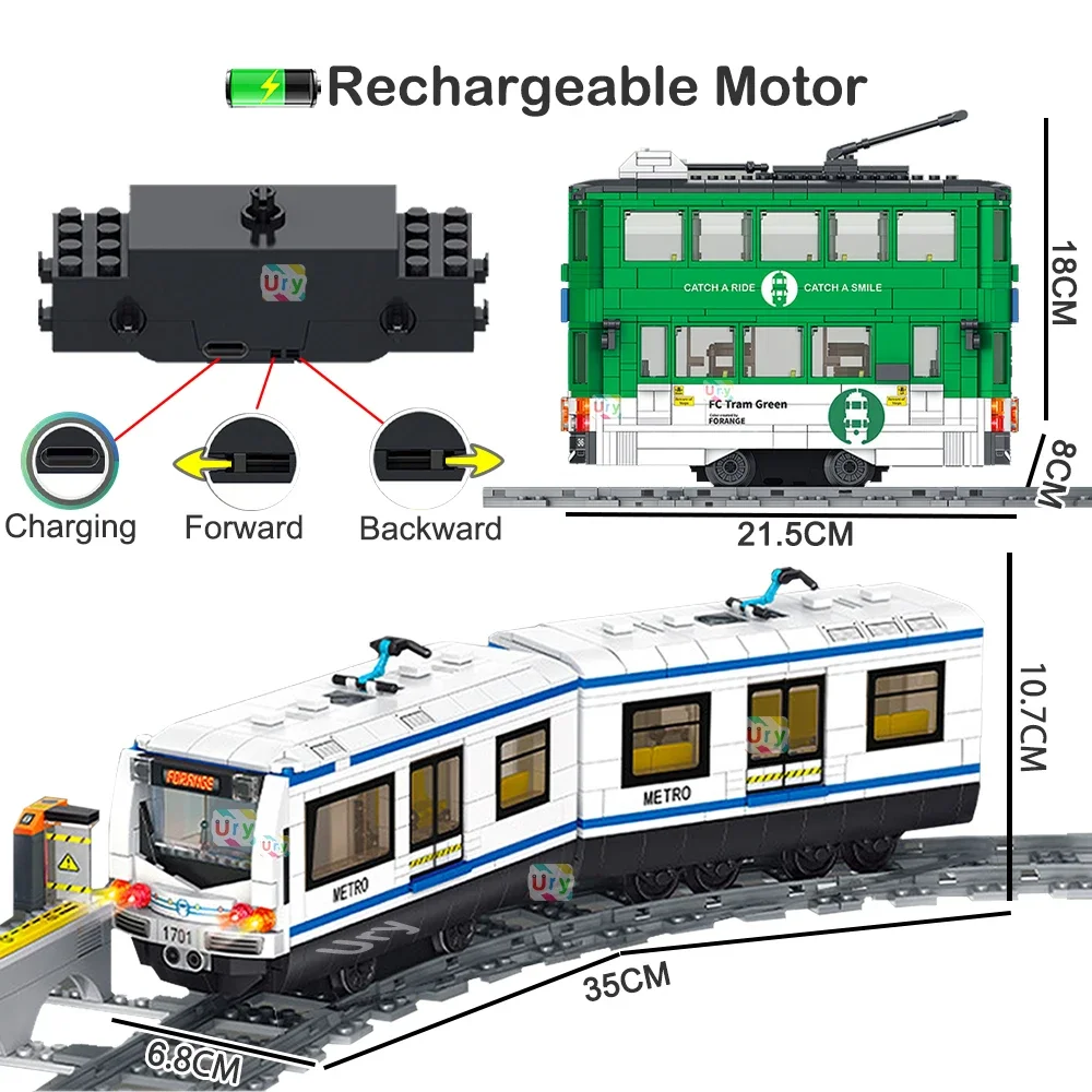 Technical Subway Train City Car Metro Tram Electric Model Rechargeable Lithium Battery Motor Building Blocks Toys For Boy Gift