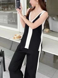 Korean Fashion Women's Set 2024 Summer New V-neck Sleeveless Split Knitted Tank Top and Wide Leg Long Pants Two Piece Set