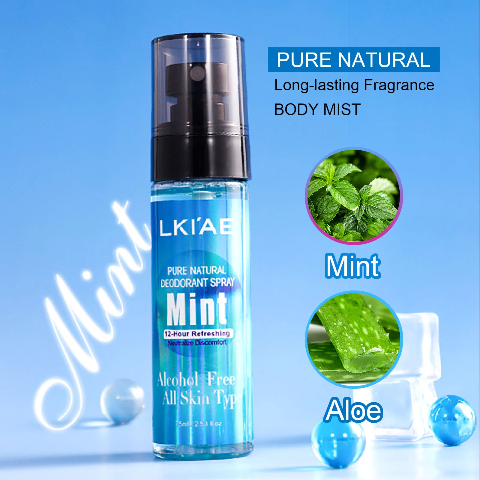 

LKIAE Natural Deodorant Fragrance Spray, Body Mist With Mint, Aloe, 24-Hour Refreshing, Alcohol-Free, For All Skin Types