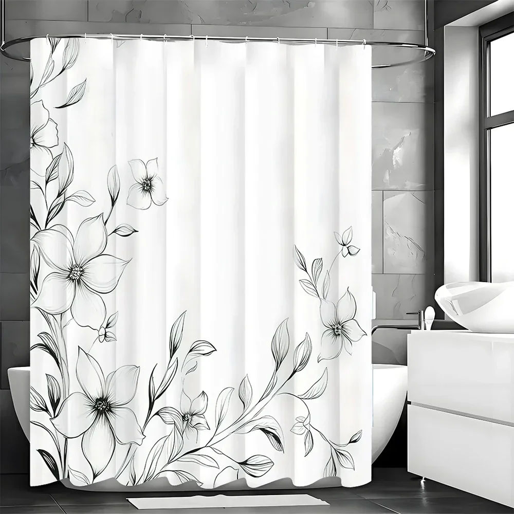

Black and White Floral Botanical Shower Curtain, Bathroom Decorative Shower Curtain, Waterproof Shower Curtain with Hooks