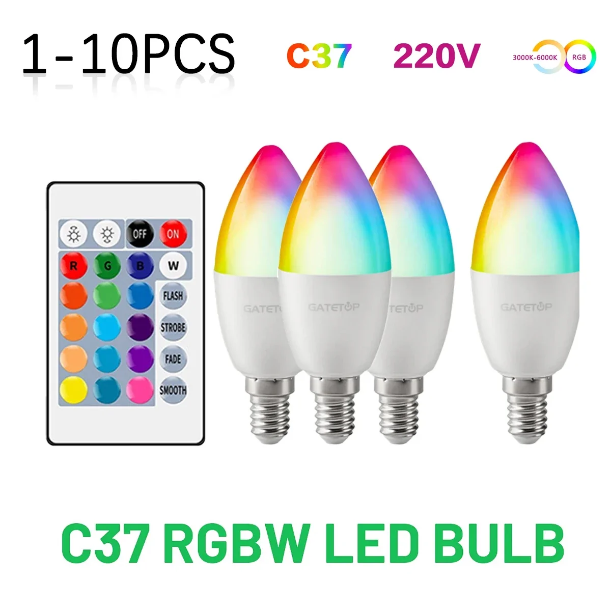 1-10PCS C37 Candle LED Bulb RGB 6W Dimmable 24Key Remote Control AC100-240V Color Changing Light for Bedroom Living Room