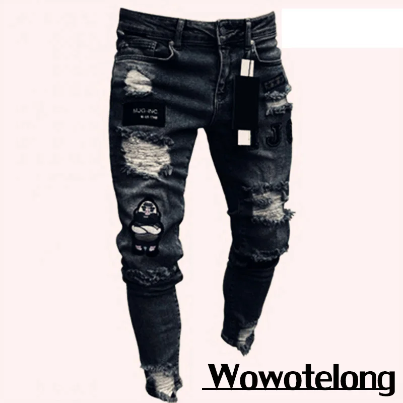 Men Jeans Knee Hole Ripped Stretch Skinny Denim Pants Solid Color Black Blue Autumn Summer Hip-Hop Style Slim Fit Trousers S-4XL