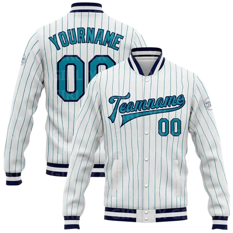 

Custom White Teal Pinstripe Teal-Navy Bomber Full-Snap Varsity Letterman Jacket 3D Printed Baseball Button Jacket