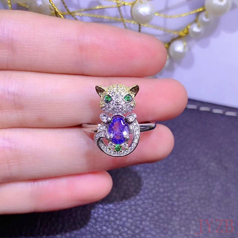 925スターリングシルバージェムストーンリング,100% 天然タンザナイト,かわいい子猫,6x8mm