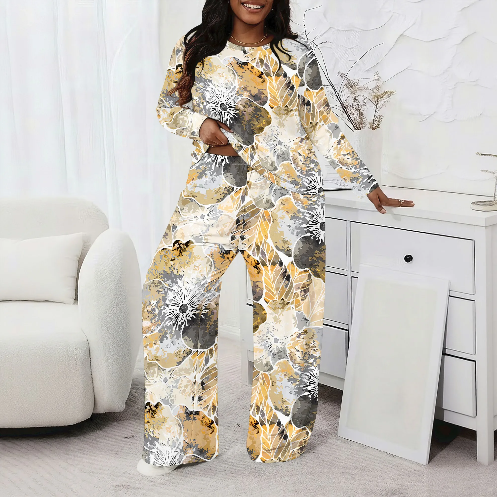 

Plus size Women two-piece set with 3D geometric print casual loose round neck long sleeved two-piece set (pocket)