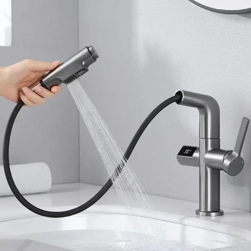 Pull Out LCD Digital Display Bathroom Basin Faucet Lifting Shampoo Bathroom Tap Hot Cold Water Kitchen Sink Intelligent Faucet