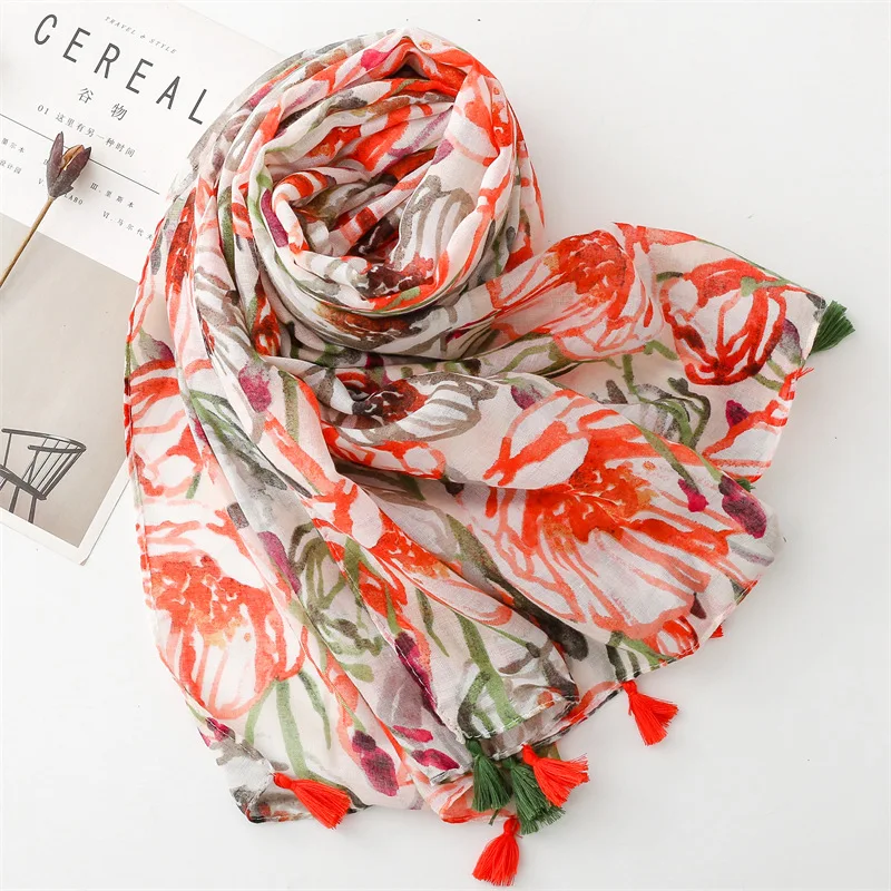 2024 New Elegant Tulip Flower Printed Cotton Voile Scarves With Tassel Women Floral Print Cotton Head Wraps Beach Shawls Hijabs