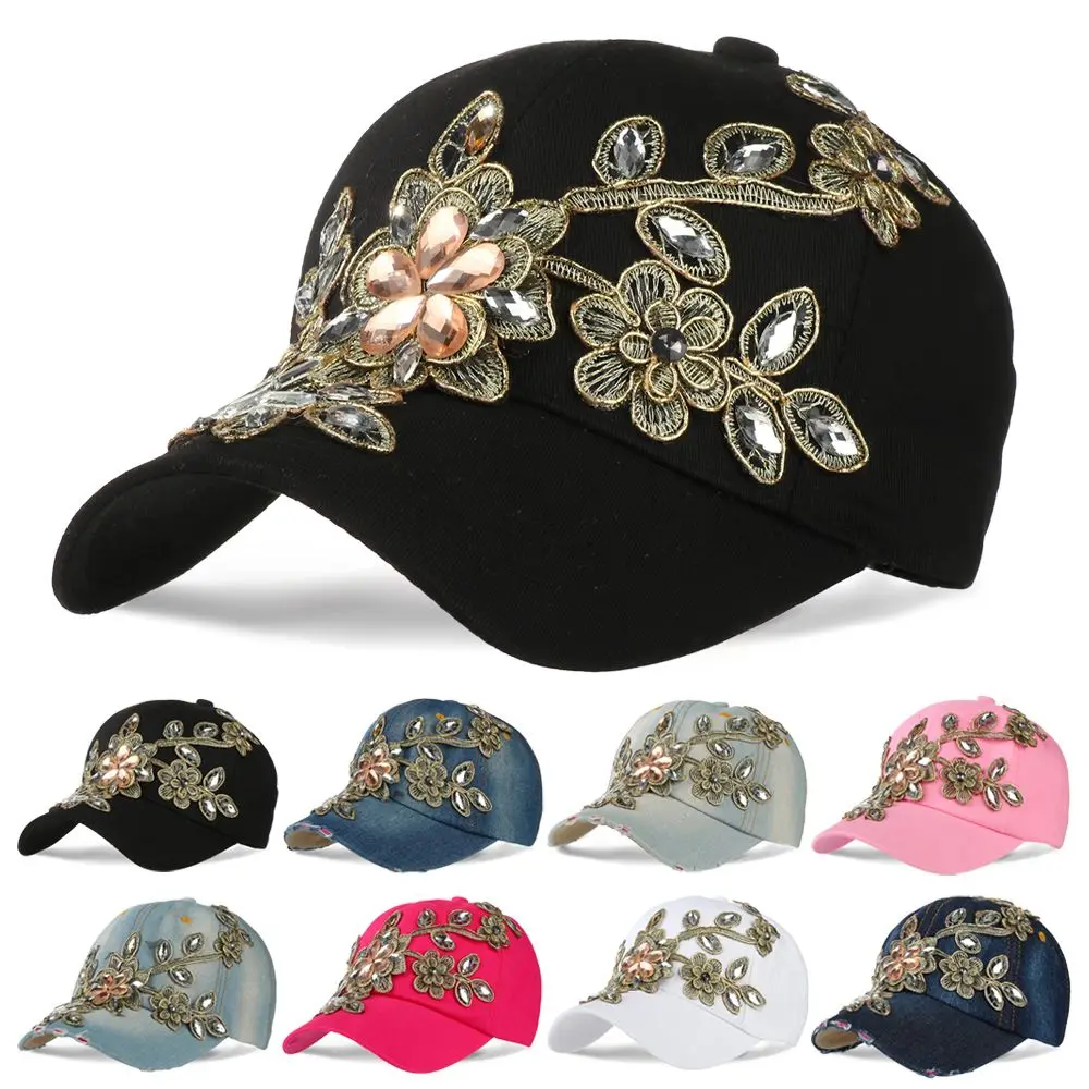 

Casual Rhinestone Women's Hat Sunscreen Sun Hat Golden Flowers Cowboy Hat Cap Diamond-studded Baseball Caps