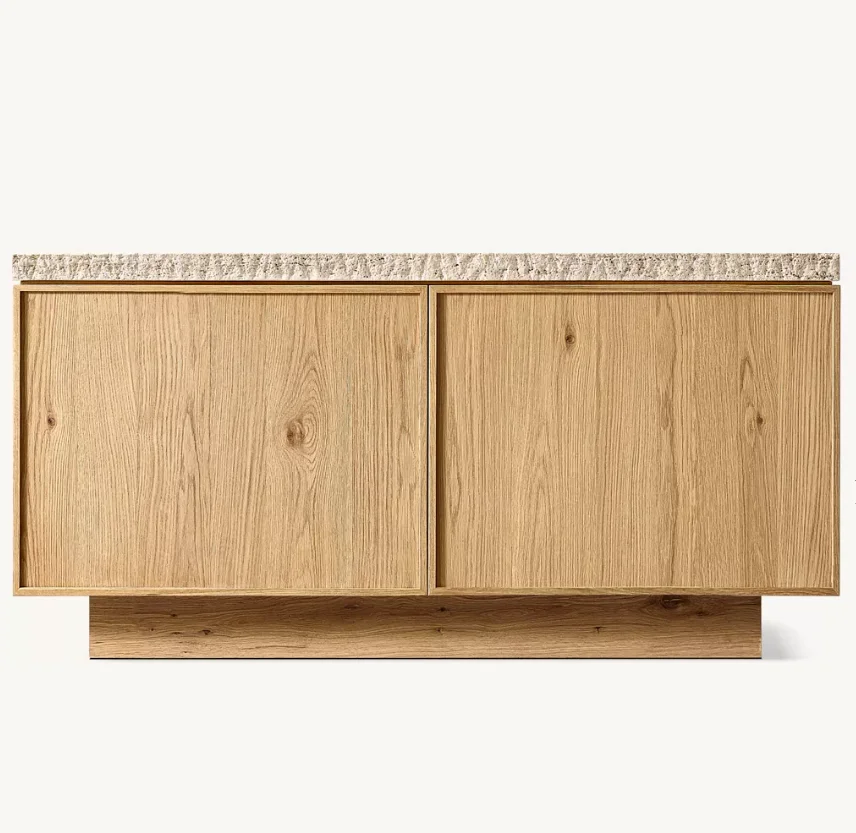 

# Luxury American Style Solid Wood Furniture Dining Room Oak Wood Sideboard Travertine Top Storage Cabinet