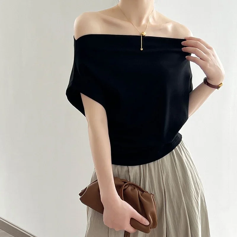 สไตล์ฝรั่งเศสแฟชั่นปิดไหล่สีทึบแขนสั้นเสื้อยืดฤดูใบไม้ผลิ/ฤดูร้อนใหม่ Retro Casual เซ็กซี่คุณภาพสูง Lady Top