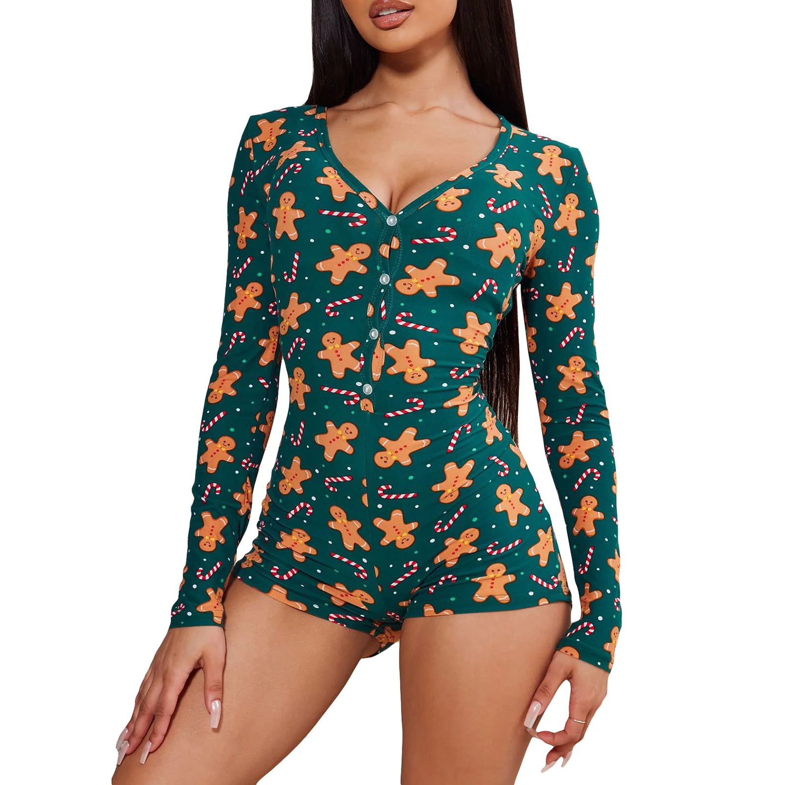 Women Jumpsuit 2025 Spring New Christmas Digital Printed V-neck Long Sleeve Casual Button Design Skinny Daily Romper