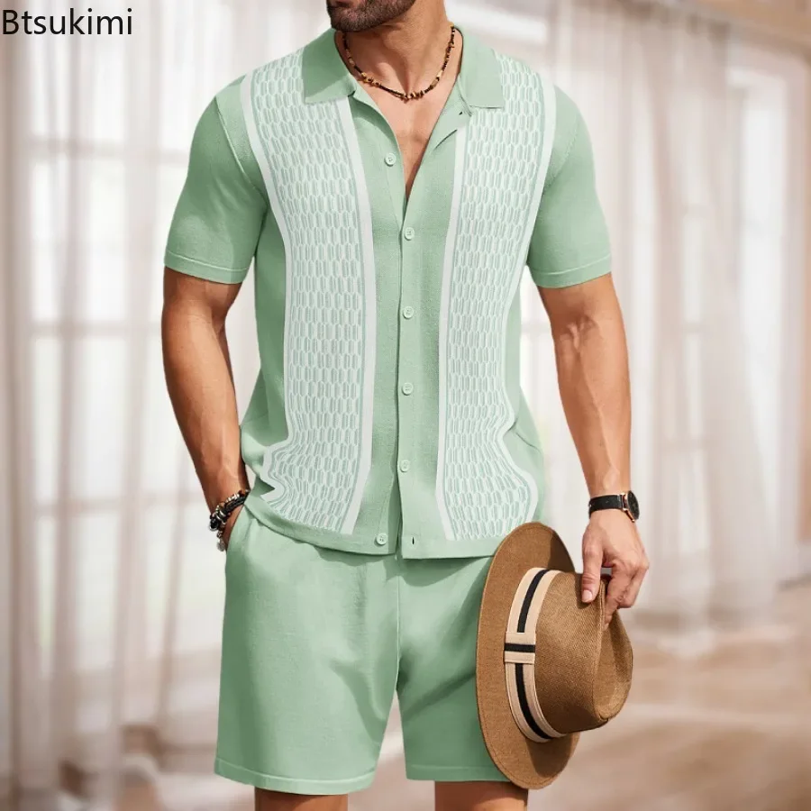 

2025 Summer Men's Clothing New Ice Silk Jacquard Knitted Two-pieces Men's Business Casual Polo Shirt and Shorts Suits Male Sets